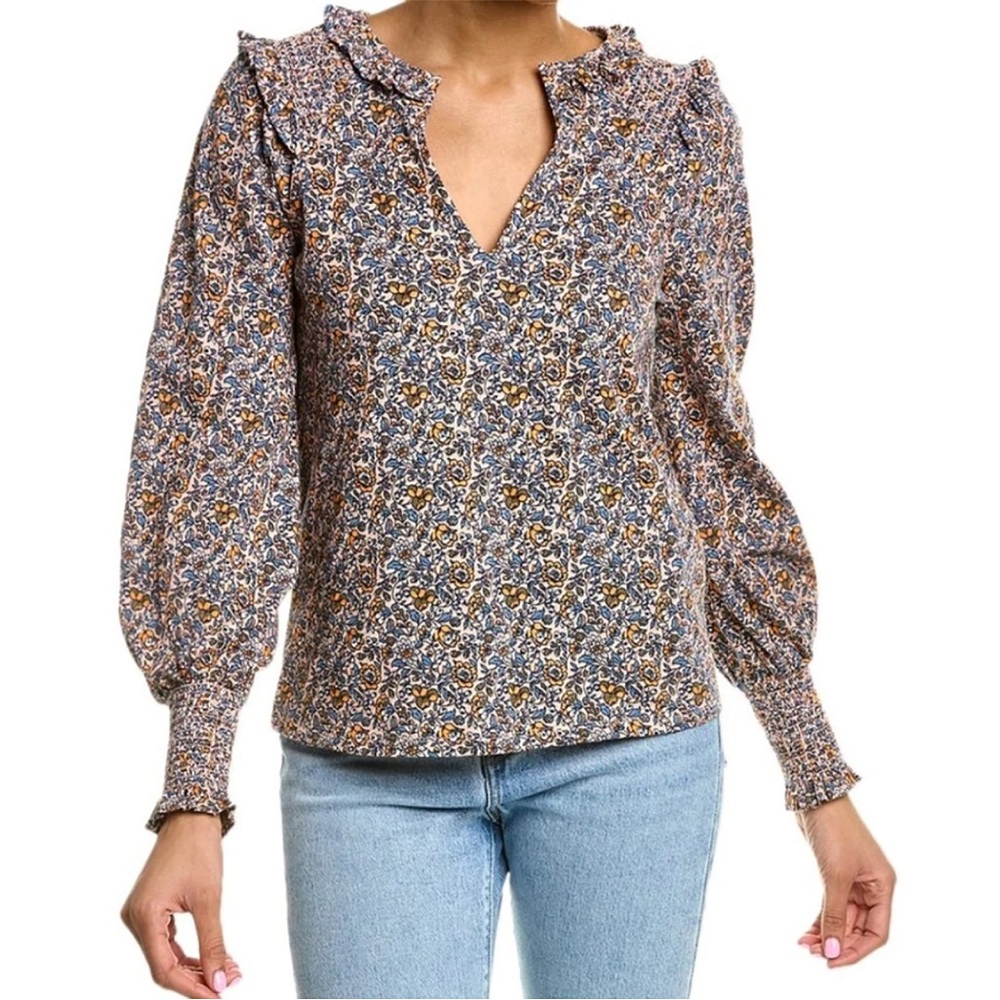 Boden Notch Neck Smocked Frill Almond Pink Floral Top